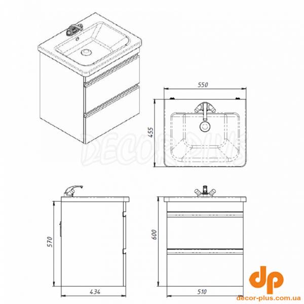 754055W FRAME Біла тумба 55 см з раковиною на ніжках (1 сорт)