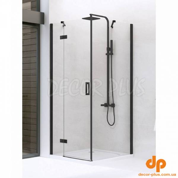 Душ штора NEW RENOMA BLACK 100х80см, R, прямокут, розпаш, скло проз, проф чорн
