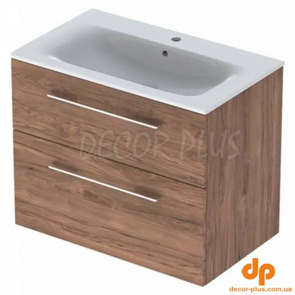Раковина SELNOVA SQUARE 80см, slim rim з/о, з/п + шафка з 2 шухлядами, темний горіх