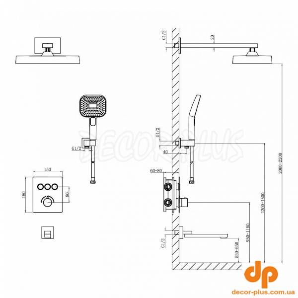 D117134011221BN Flow Душова система прихованого монтажу для ванни/душу, на 3 користувача, з термостатом, brush nickel (1 сорт)