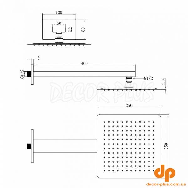 D113000000120C Flow Верхня душова лійка 250x250 мм з кронштейном, хром (1 сорт)