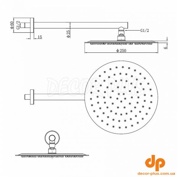 D113000000110BN Flow Верхня душова лійка d250 мм з кронштейном, brushed nickel (1 сорт)
